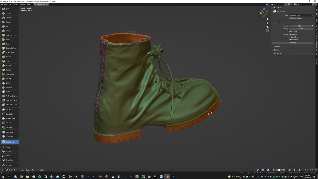 424 Marathon Boots process — painting face sets in Blender
